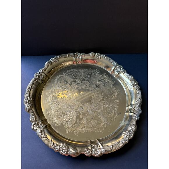 Vintage French Victorian Brass Serving Platter Etched Engraved Round Charcuterie - Picture 1 of 9